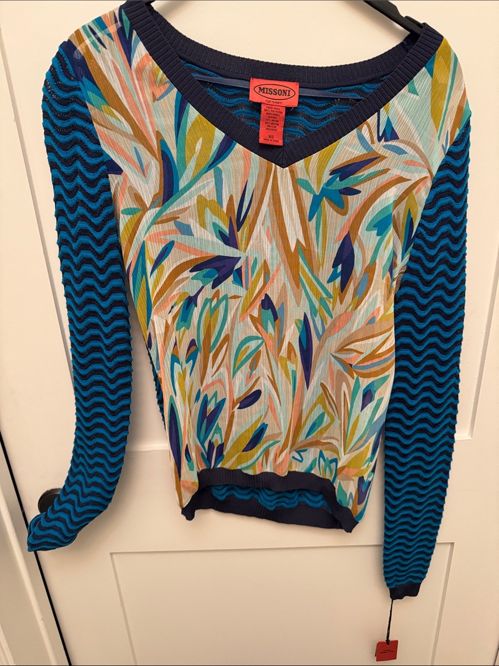 Missoni Multicolor V-Neck Long Sleeve Knit Top in Blue, Teal, Yellow